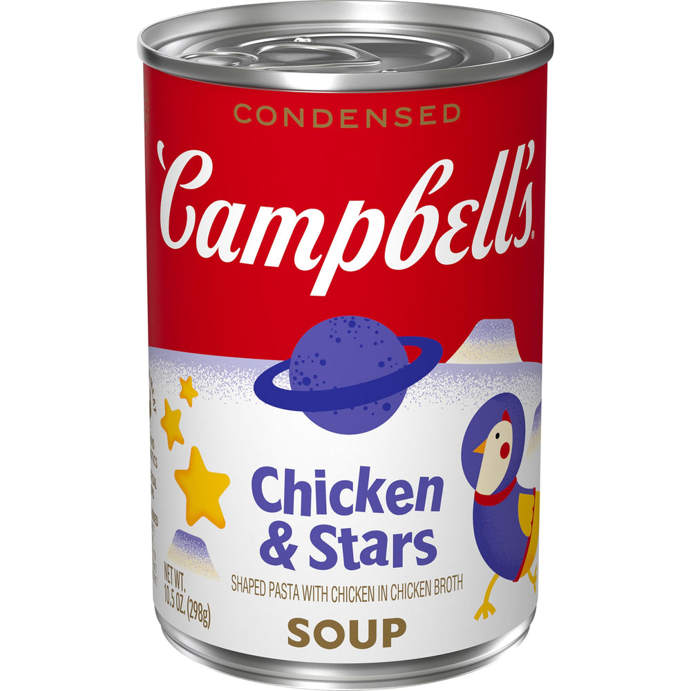 Campbells Condensed Kids Chicken and Stars Soup can with star pasta, quick heat for kids.