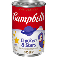 Campbells Condensed Kids Chicken and Stars Soup can with star pasta, quick heat for kids.