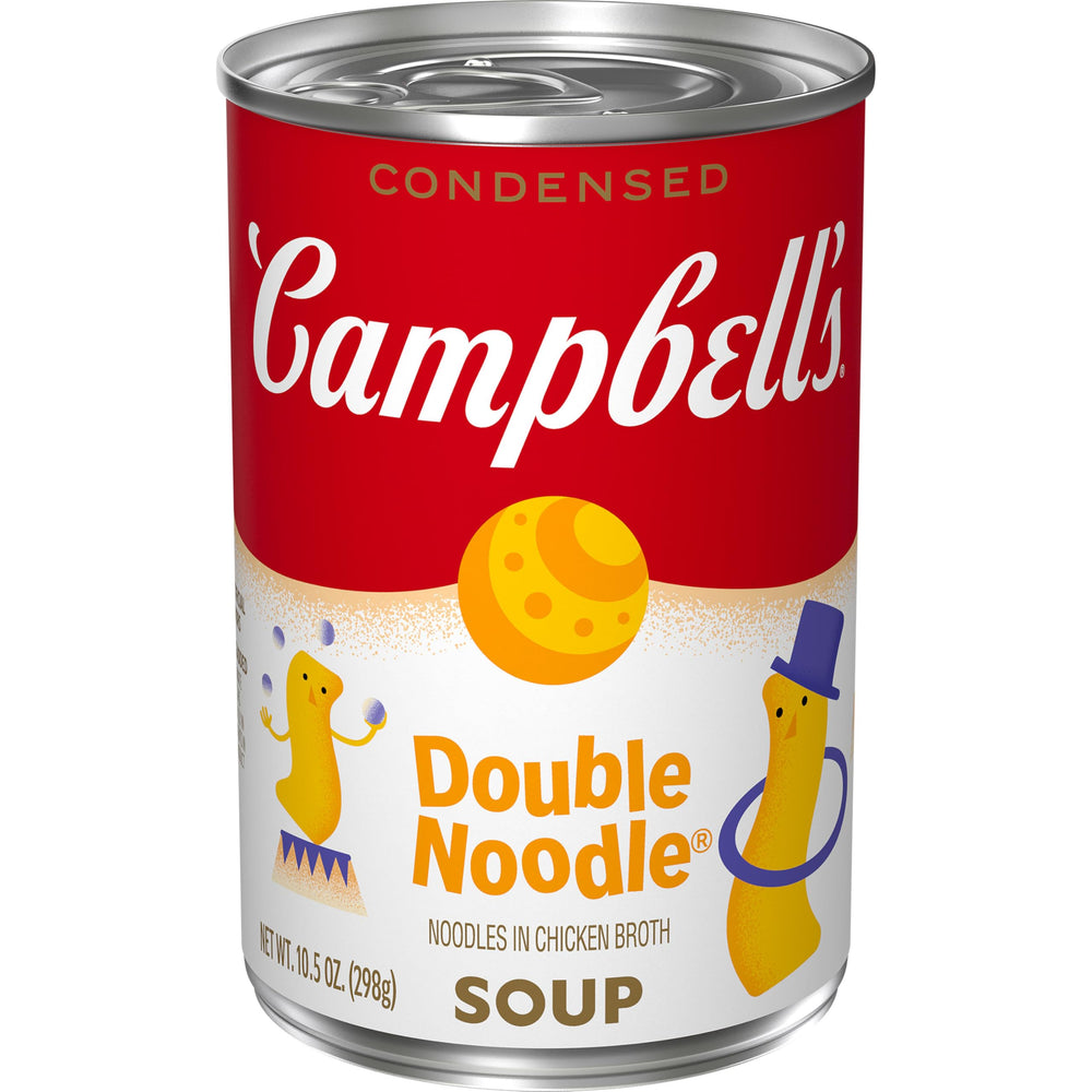 Campbell's condensed kids double noodle soup can on shelf for quick family meals.