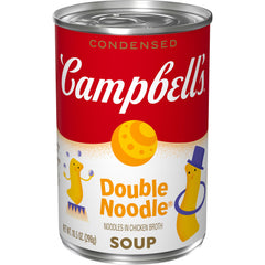 Campbell's condensed kids double noodle soup can on shelf for quick family meals.