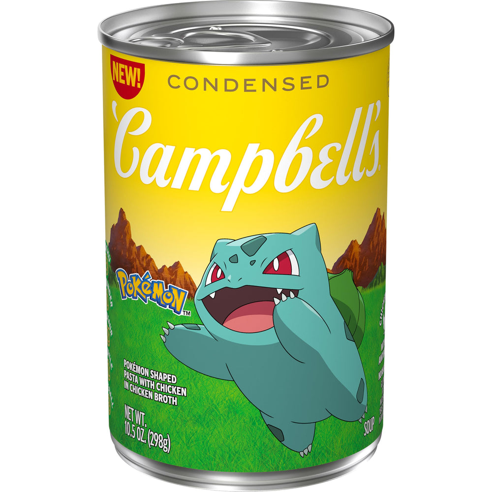 Campbell's Condensed Kids Soup with Pokémon-shaped pasta in chicken broth for busy families.