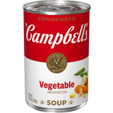 Campbell's Condensed Vegetable Soup with Beef Stock in a steaming bowl.