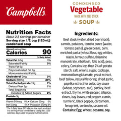 Visible carrots, potatoes and green beans in Campbell's soup ingredients for a quick meal.