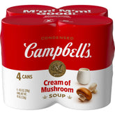 Campbell's Cream of Mushroom Soup four-pack can on pantry shelf for easy weeknight use.