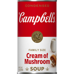 Campbell's Cream of Mushroom Soup can shown, smooth base ready for quick weeknight meals.