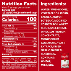 Campbell's Cream of Mushroom Soup ingredients artwork with mushrooms and cream flavor foundation.