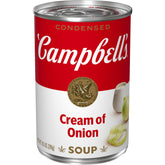 Campbell's Cream of Onion Soup can front label, a pantry staple for quick meals.