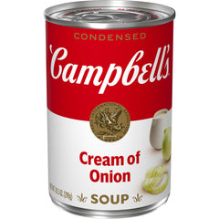Campbell's Cream of Onion Soup can front label, a pantry staple for quick meals.