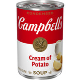 Campbell's Cream of Potato Soup can front view, pantry staple for easy meals.