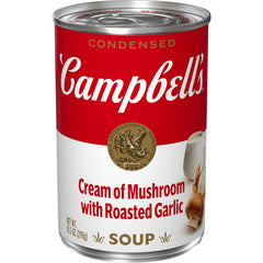 Campbell's Cream of Mushroom with Roasted Garlic Soup can on pantry shelf.