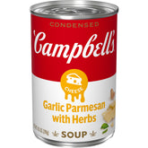 Campbell's Garlic Parmesan Cheese Soup with Herbs shows creamy texture for versatile weeknight meals.