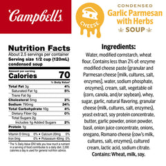 Campbell's Garlic Parmesan Cheese Soup with Herbs labeled can for pantry-friendly recipes.
