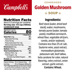 Campbell's Golden Mushroom Soup label closeup, versatile pantry staple for sauces.