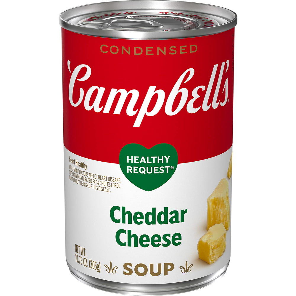 Campbell’s Healthy Request Cheddar Cheese Soup can front for creamy recipe starter