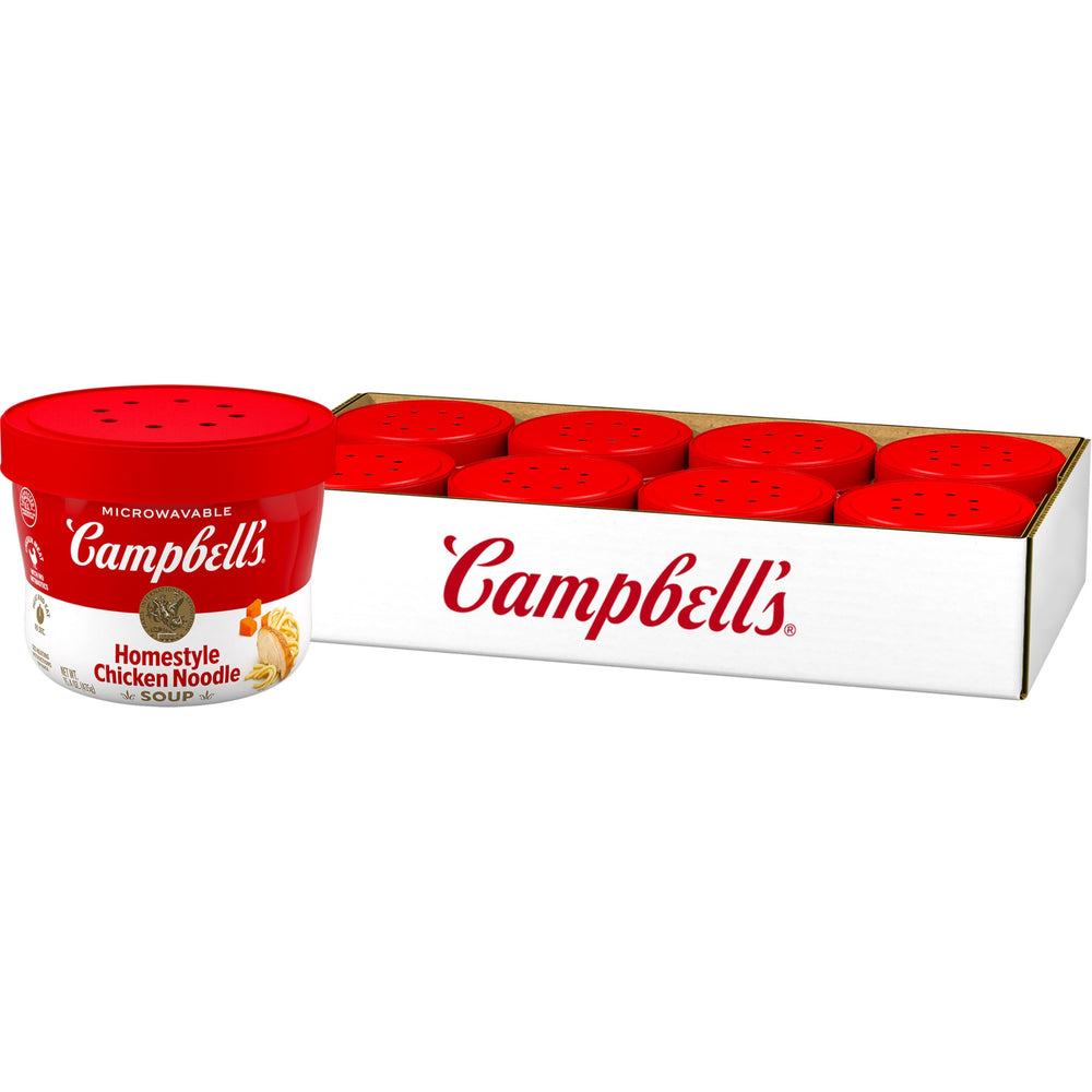 Campbell's Homestyle Chicken Noodle Soup bowl, microwave-ready, quick comfort for lunch.