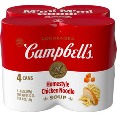 Campbell's Homestyle Chicken Noodle Soup can front, ready to heat for cozy weeknight dinners.