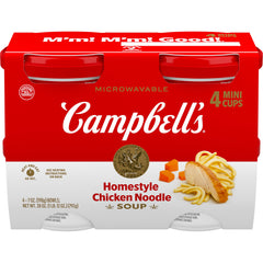 Campbell's Homestyle Chicken Noodle Soup cup ready to heat for quick lunch.