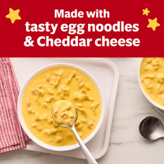 Campbell's Kids Cheddar Cheesy Noodle Soup ingredients label highlighting enriched noodles.