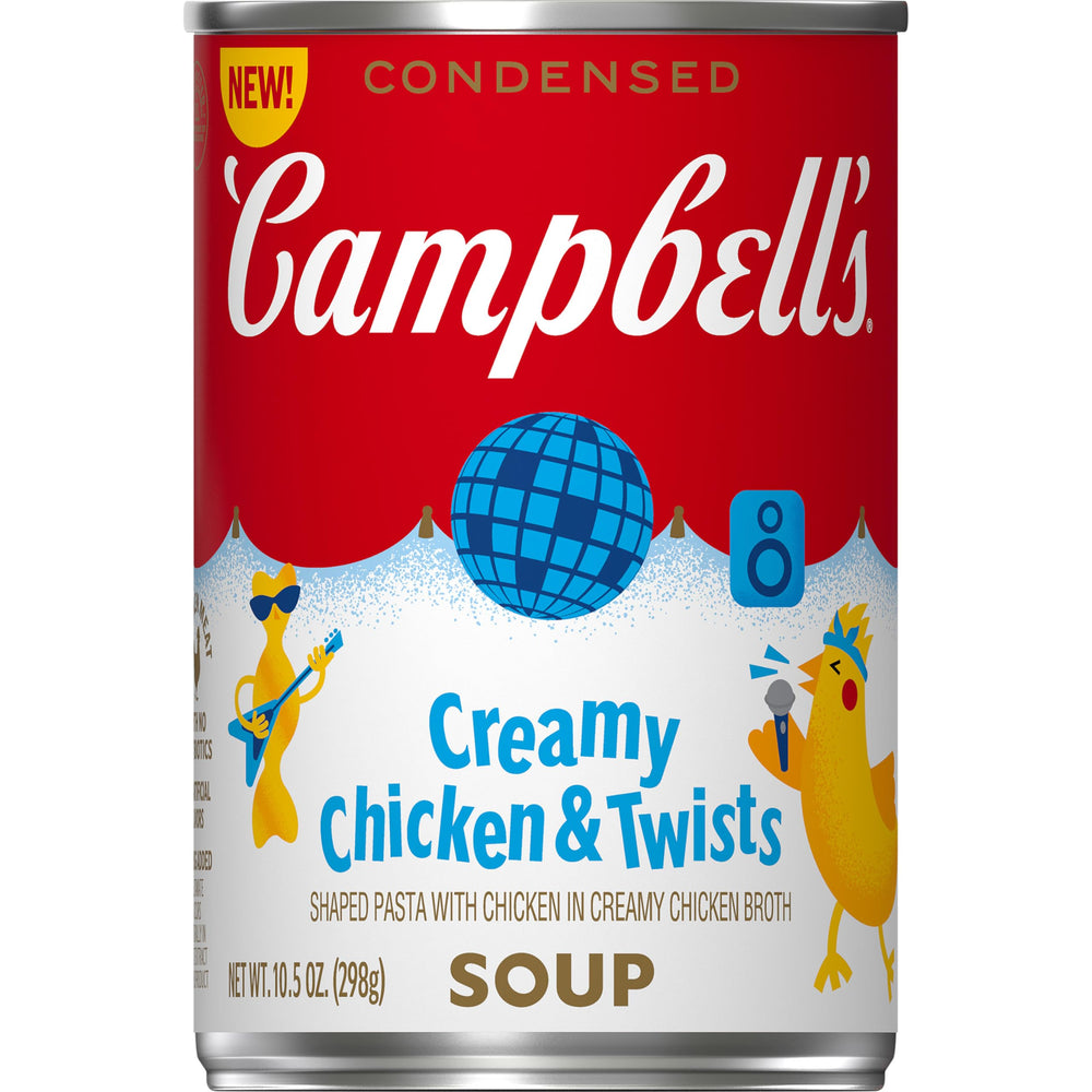 Campbell's Kids Creamy Chicken and Twists can with comforting broth and fun pasta shapes.
