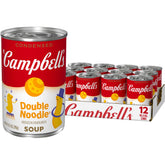Campbell's Kids Double Noodle Soup cans on shelf, easy pantry staple for busy families.