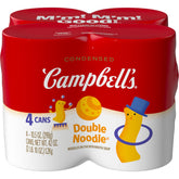 Campbell’s Kids Double Noodle Soup four-pack cans on kitchen counter, easy weeknight meals.