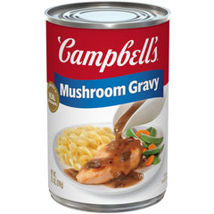 Campbell's Mushroom Gravy can front view, rich flavor enhances beef, pork, or chicken.