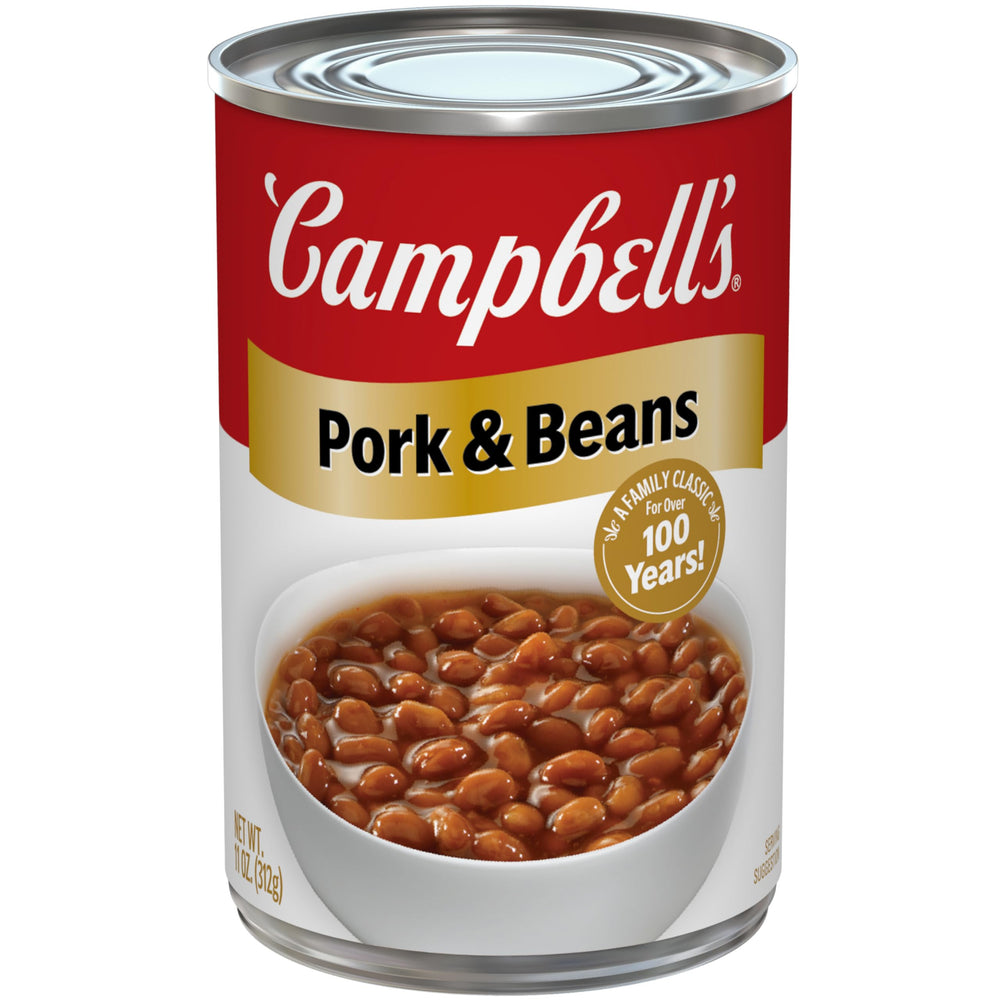 Campbell's Pork and Beans 11-oz can front label; quick weeknight dinner option.