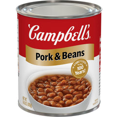 Campbell's Pork and Beans can front view, hearty and ready to heat for a quick dinner.