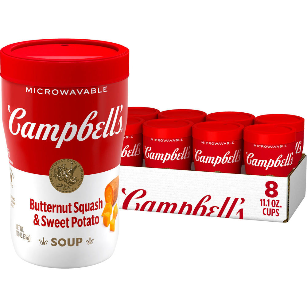 Campbell's Sipping Soup cup with butternut squash and sweet potato for a comforting on-the-go snack.