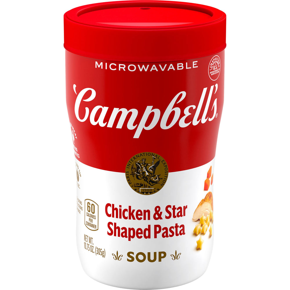 Campbell's Sipping Soup chicken-star-pasta-cup promotes on-the-go comfort.