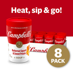 Campbell's Sipping Soup cup steaming after one-minute microwave.