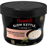 Campbell's Slow Kettle baked potato soup bowl front view shows rich, creamy texture for cozy meals.
