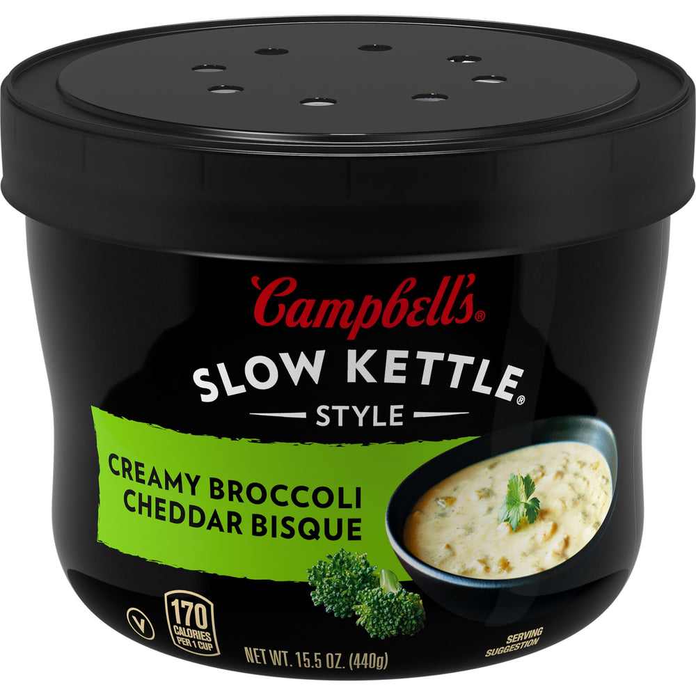 Campbell's Slow Kettle creamy broccoli cheddar bisque in a microwavable bowl for quick meals.