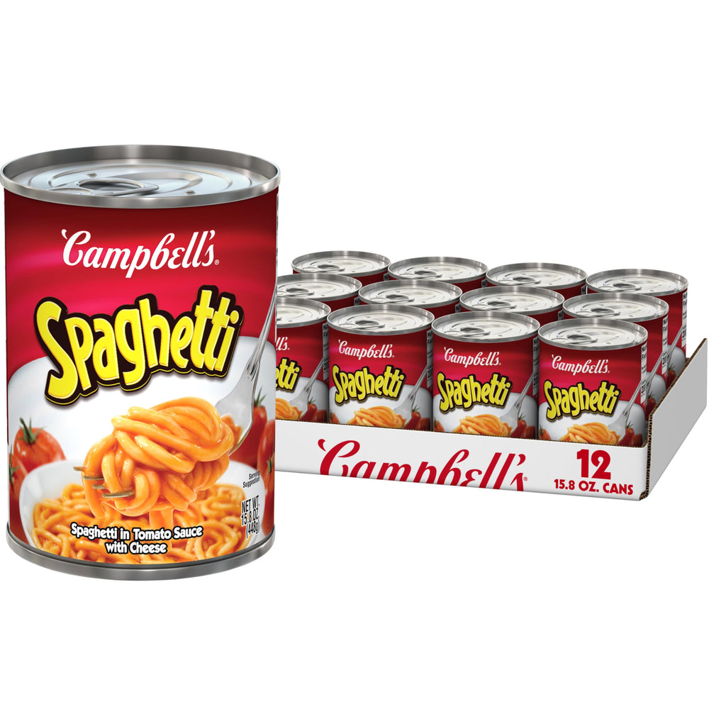 Campbell's Spaghetti in Tomato Sauce with Cheese can front view, convenient pantry staple for quick meals.