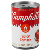Campbell's Spicy Tomato Soup can on a shelf, a comforting option for quick meals.