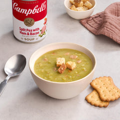 Campbell's Split Pea Soup in a bowl, comforting meal for chilly days.