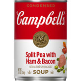 Campbell's Split Pea Soup with Ham and Bacon can, hearty pantry staple.