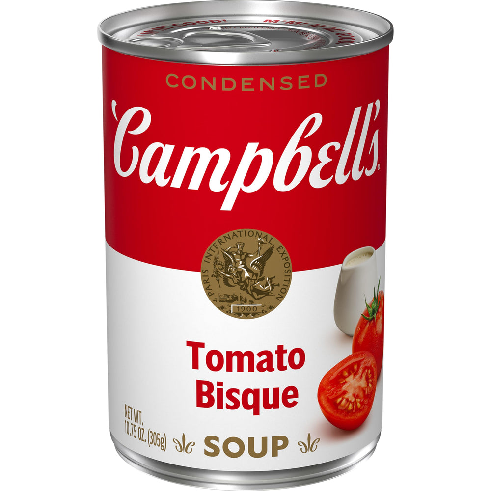 Campbell's Tomato Bisque can on the counter, ready for a comforting quick meal.
