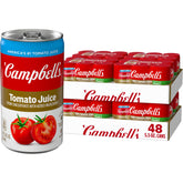 Campbell's 100% Tomato Juice front can, showcasing convenient single-serve packaging and brand credibility.