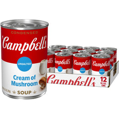 Campbell's Unsalted Cream of Mushroom Soup can, convenient pantry staple for easy meals.