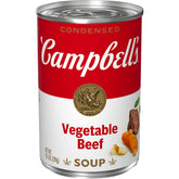 Campbell's Vegetable Beef Soup can label highlighting hearty ingredients for a comforting meal