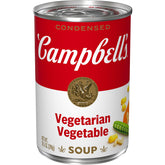Front view of Campbell's Vegetarian Vegetable Soup can, a cozy pantry staple.