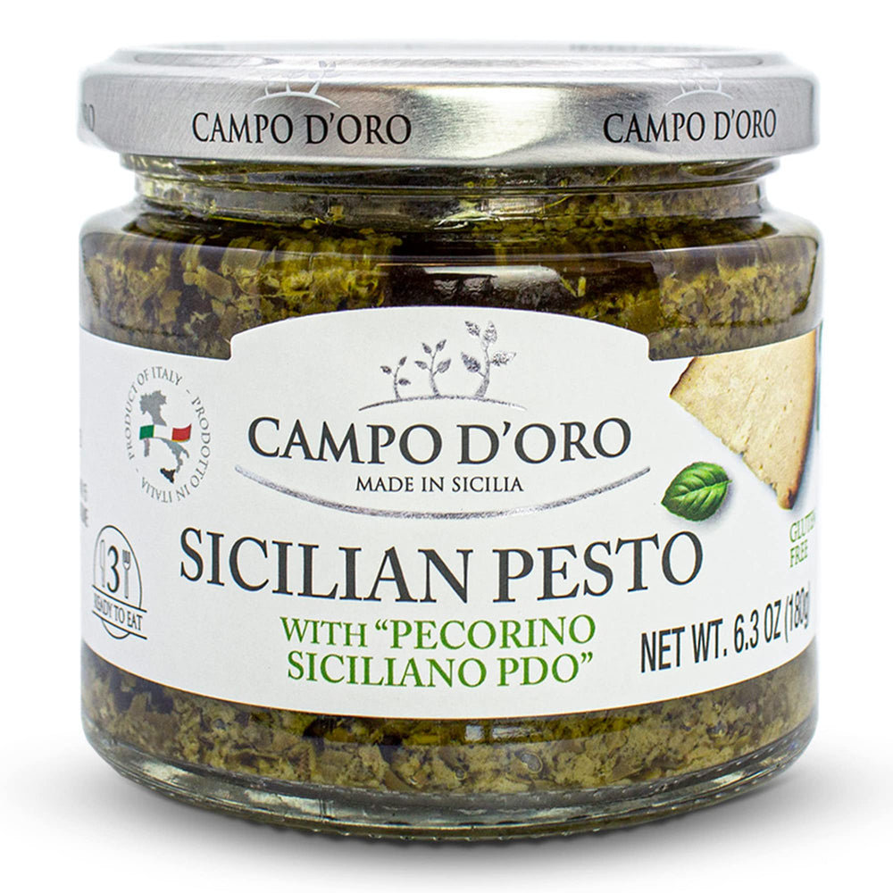 CAMPO D'ORO Basil Pesto with Pecorino jar delivers authentic Sicilian flavor for pasta.