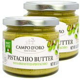 Campo D'Oro pistachio cream butter jar open, rich and creamy spread for indulgent treats.