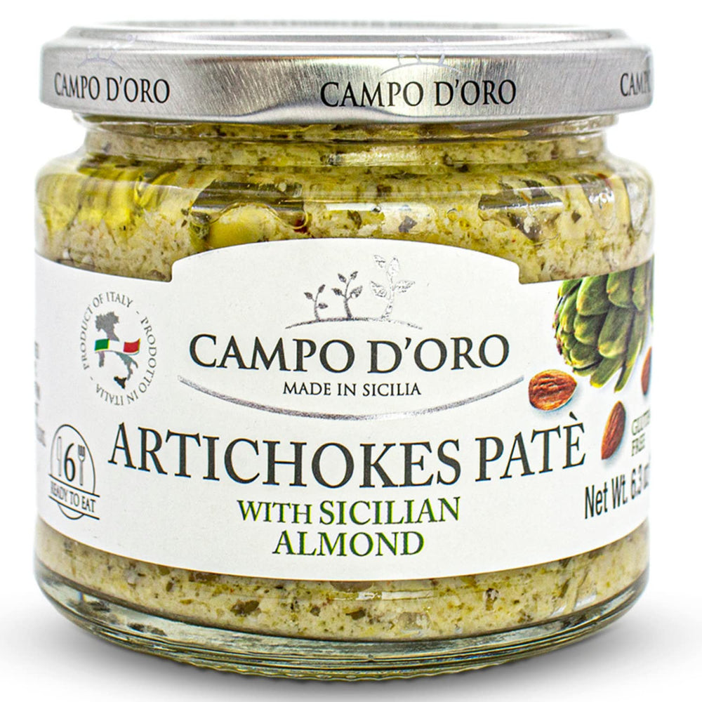 CAMPO D'ORO creamy artichoke dip jar shows smooth texture for versatile snacking.