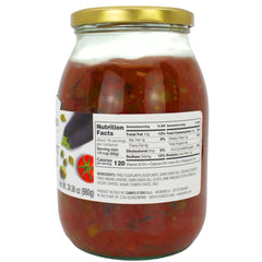 Campo D'Oro ingredients close-up showing eggplant, tomatoes, and onions in vibrant mix.