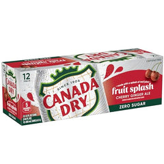 Canada Dry Fruit Splash Cherry Gingerale label highlights real juice and zero sugar options.
