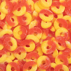 Close-up of Candy Break Peach Rings gummies highlighting peach flavor.