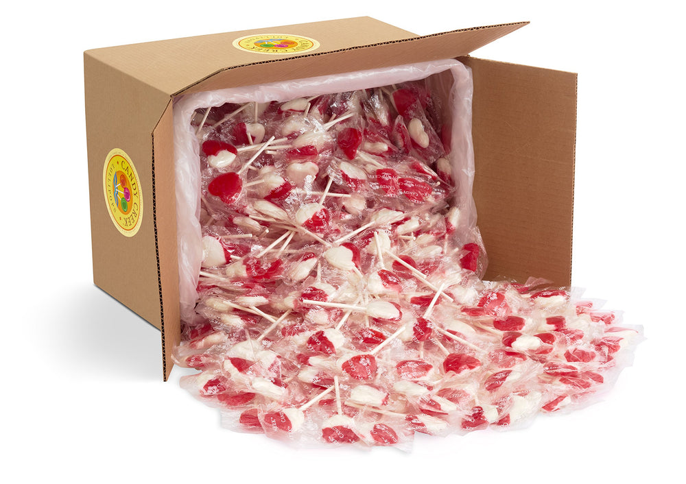 Candy Creek Heart Lollipops with strawberry cream on bulk display