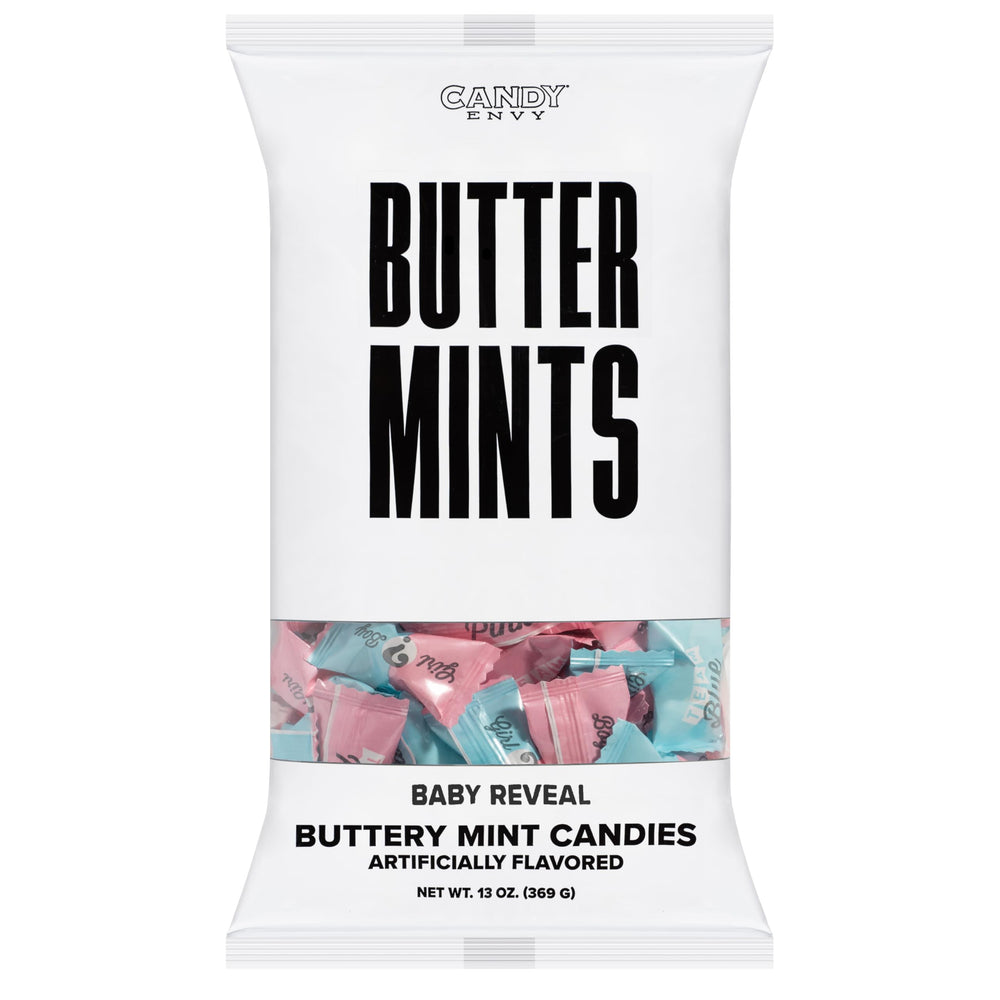 Candy Envy baby reveal buttermints blue team banner, ideal for gender reveal celebrations.